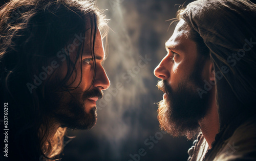 Jesus and Judas in profile facing each other confront each other photo