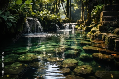 Waterfall hidden in the tropical jungle. Generative Ai.