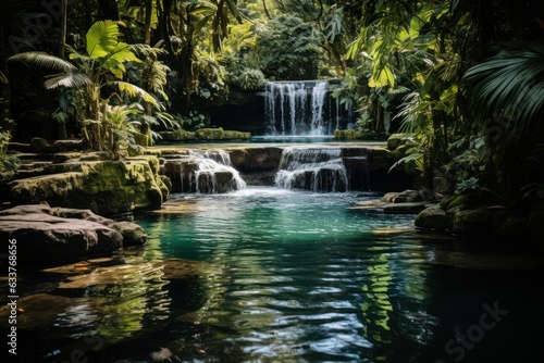 Waterfall hidden in the tropical jungle. Generative Ai.