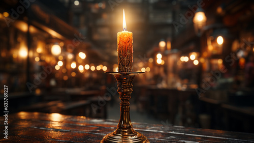 a glass of wine and a candle on the background of the old town photo