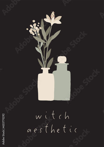 Modern witch aesthetic botanical poster or card. Mystery green witch magic powers elements. Cute feminine mystical herbs, books, flowers. Vector illustration. Witchcraft art. Esoteric, hand drawn