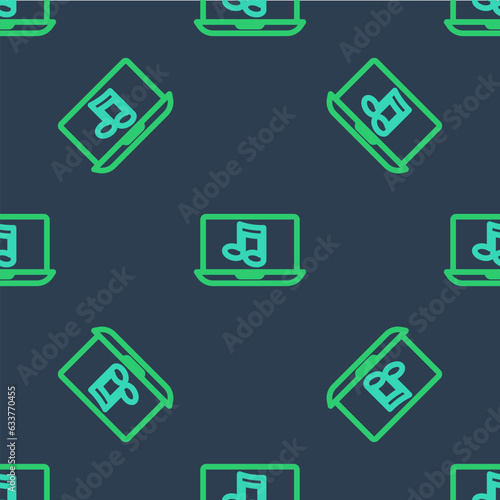 Line Laptop with music note symbol on screen icon isolated seamless pattern on blue background. Vector © Kostiantyn
