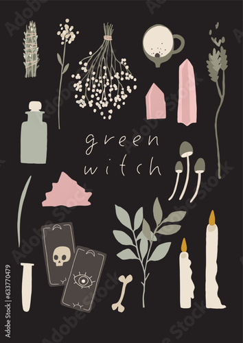 Modern witch aesthetic botanical poster or card. Mystery green witch magic powers elements. Cute feminine mystical herbs, books, flowers. Vector illustration. Witchcraft art. Esoteric, hand drawn