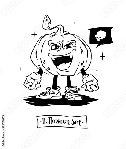 Set of tattoo vector characters for halloween. Cute smiling pumpkin. Beautiful illustrations with characters for t-shirts. Pumpkin in sneakers with bubble and skull.