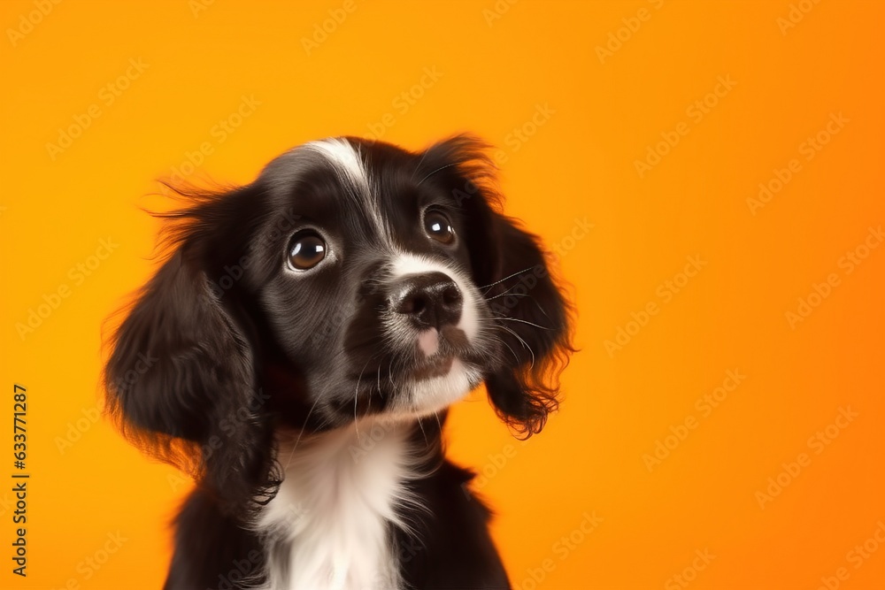 Cute spaniel puppy on orange background with copy space