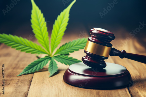 judge hammer and cannabis leaves on wooden background