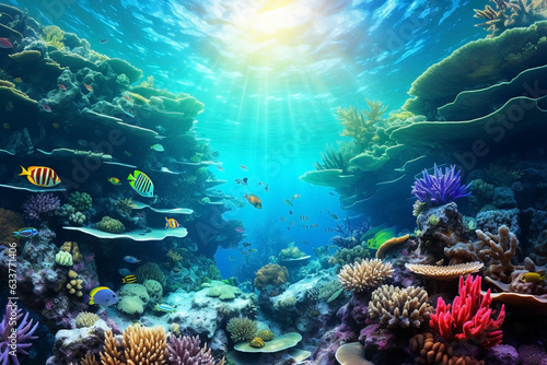 Beautiful scenery of underwater coral reefs shining in the sunlight from the sky. The concept of ecology.