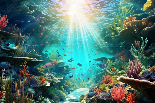Beautiful scenery of underwater coral reefs shining in the sunlight from the sky. The concept of ecology. © cwa