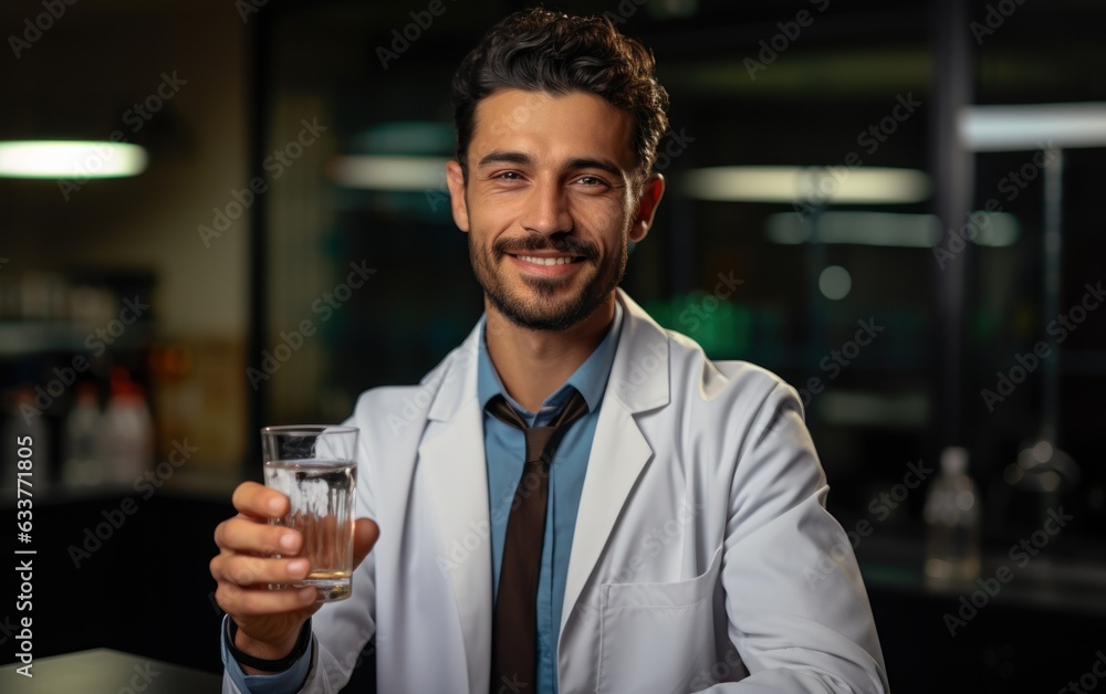 Handsome middle eastern doctor holding glass of water
