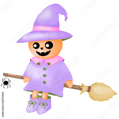 Halloween pumpkin witch with a broom 