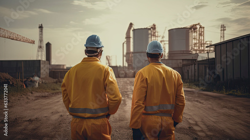 Two workers, rear view, on construction site. Engineers in protective uniforms and helmets at work. Construction of buildings, created with Generative AI Technology