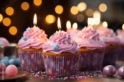 Birthday cupcake aglow, vibrant candles, pink ribbon gift festive and heartwarming Generative AI © Muhammad Shoaib