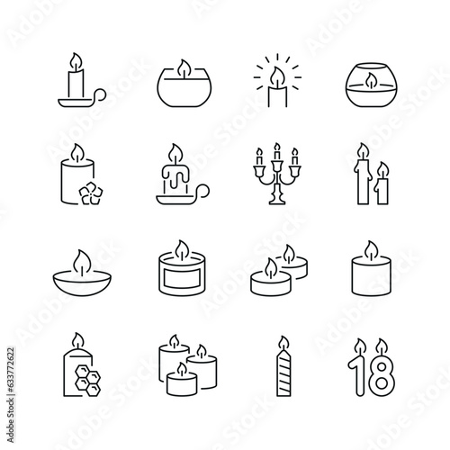 Vector line set of icons related with candle. Contains monochrome icons like flame, wax, candleholder, glass and more. Simple outline sign.