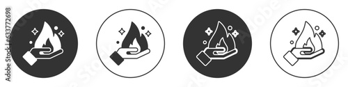 Black Hand holding a fire icon isolated on white background. Circle button. Vector