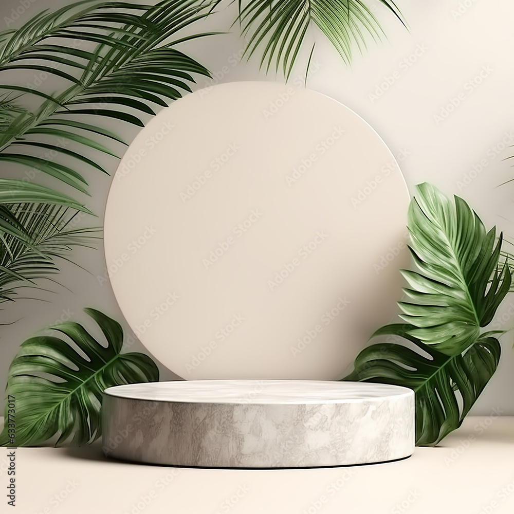 A white marble product stand with a round base and a cylindrical pillar. Behind the stand, there is a dark green plant with large leaves that create a natural background. A white marble product stand with a round base and a cylindrical pillar. Behind the stand, there is a dark green plant with large leaves that create a natural background.