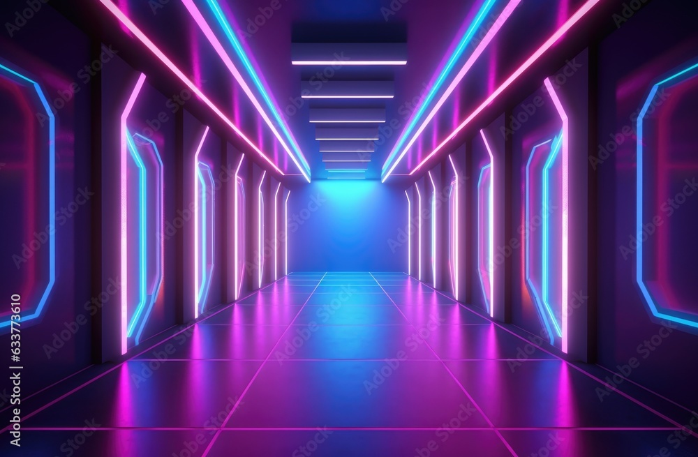 Neon purple and blue glowing walls, large hall with neon light