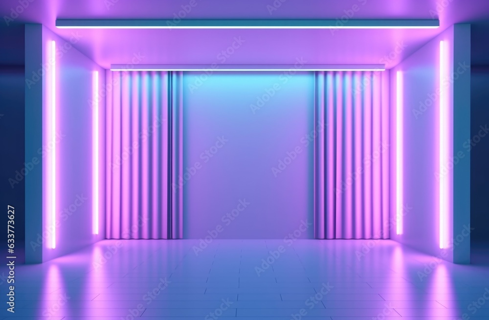 Neon purple and blue glowing walls, large hall with neon light Neon purple and blue glowing walls, large hall with neon light