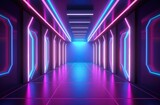 Neon purple and blue glowing walls, large hall with neon light