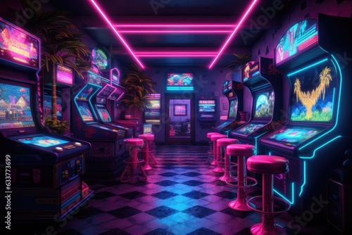 A deserted arcade, neon lights flickering and casting an eerie glow on the abandoned machines. Generative AI