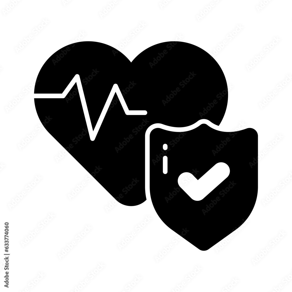 Heartbeat waves on heart with safety shield, concept icon of health insurance, heart care vector