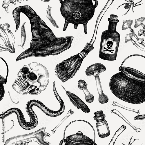 Halloween seamless pattern. Hand drawn vector illustration. Skulls, bones, pumpkin, poisonous mushrooms, snakes, raven sketches. Autumn holiday background. Vintage Halloween design elements
