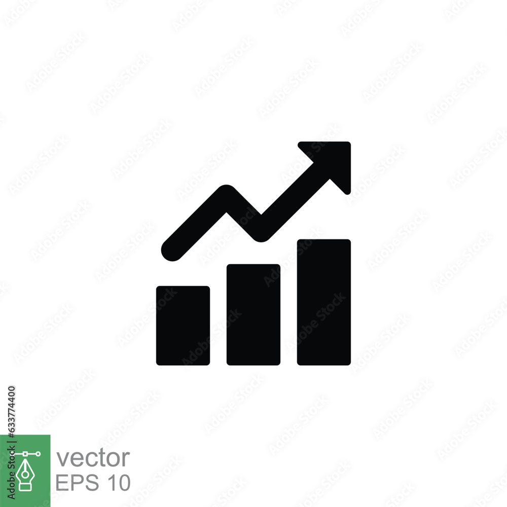 Profit growth icon. Simple solid style. Growing bars graphic with rising arrow, money gain, business concept. Black silhouette, glyph symbol. Vector illustration isolated on white background. EPS 10. Profit growth icon. Simple solid style. Growing bars graphic with rising arrow, money gain, business concept. Black silhouette, glyph symbol. Vector illustration isolated on white background. EPS 10.
