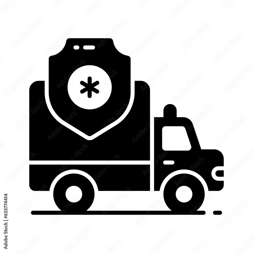 Medical ambulance, emergency vehicle with medical shield showing concept icon of medical insurance Medical ambulance, emergency vehicle with medical shield showing concept icon of medical insurance