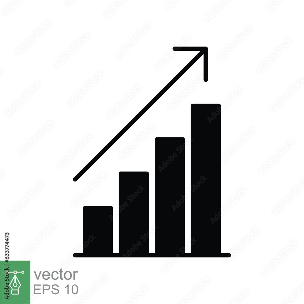 Profit growth icon. Simple solid style. Growing bars graphic with rising arrow, money gain, business concept. Black silhouette, glyph symbol. Vector illustration isolated on white background. EPS 10. Profit growth icon. Simple solid style. Growing bars graphic with rising arrow, money gain, business concept. Black silhouette, glyph symbol. Vector illustration isolated on white background. EPS 10.