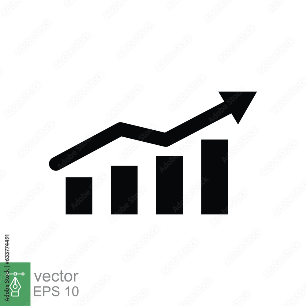 Profit growth icon. Simple solid style. Growing bars graphic with rising arrow, money gain, business concept. Black silhouette, glyph symbol. Vector illustration isolated on white background. EPS 10. Profit growth icon. Simple solid style. Growing bars graphic with rising arrow, money gain, business concept. Black silhouette, glyph symbol. Vector illustration isolated on white background. EPS 10.