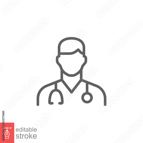 Male doctor icon. Simple outline style. Doctor with stethoscope, man, medic, healthcare, medical concept. Thin line symbol. Vector illustration isolated on white background. Editable stroke EPS 10.