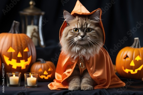 A fluffy cat in a carnival witch's hat sits by Jack's lanterns. Halloween pet. Generative AI © Alesia