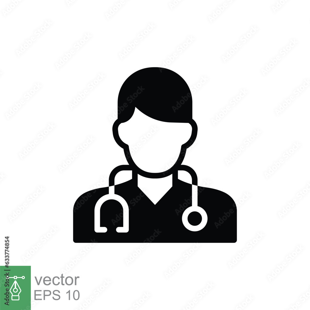 Male doctor icon. Simple solid style. Doctor with stethoscope, man, medic, healthcare, medical concept. Black silhouette, glyph symbol. Vector illustration isolated on white background. EPS 10. Male doctor icon. Simple solid style. Doctor with stethoscope, man, medic, healthcare, medical concept. Black silhouette, glyph symbol. Vector illustration isolated on white background. EPS 10.