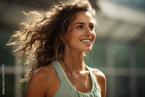 Smiling Woman Exercising  Active Lifestyle in Sports. Joyful Workout and Fitness Motivation. Radiating Positivity through Physical Activity. Embracing Health and Wellness