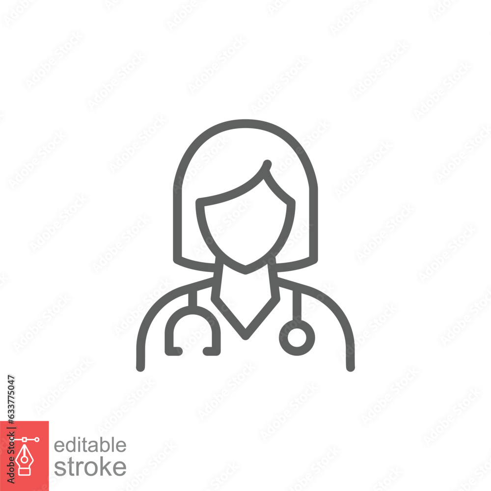 Female doctor icon. Simple outline style. Doctor with stethoscope, woman, medic, healthcare medical concept. Thin line symbol. Vector illustration isolated on white background. Editable stroke EPS 10.