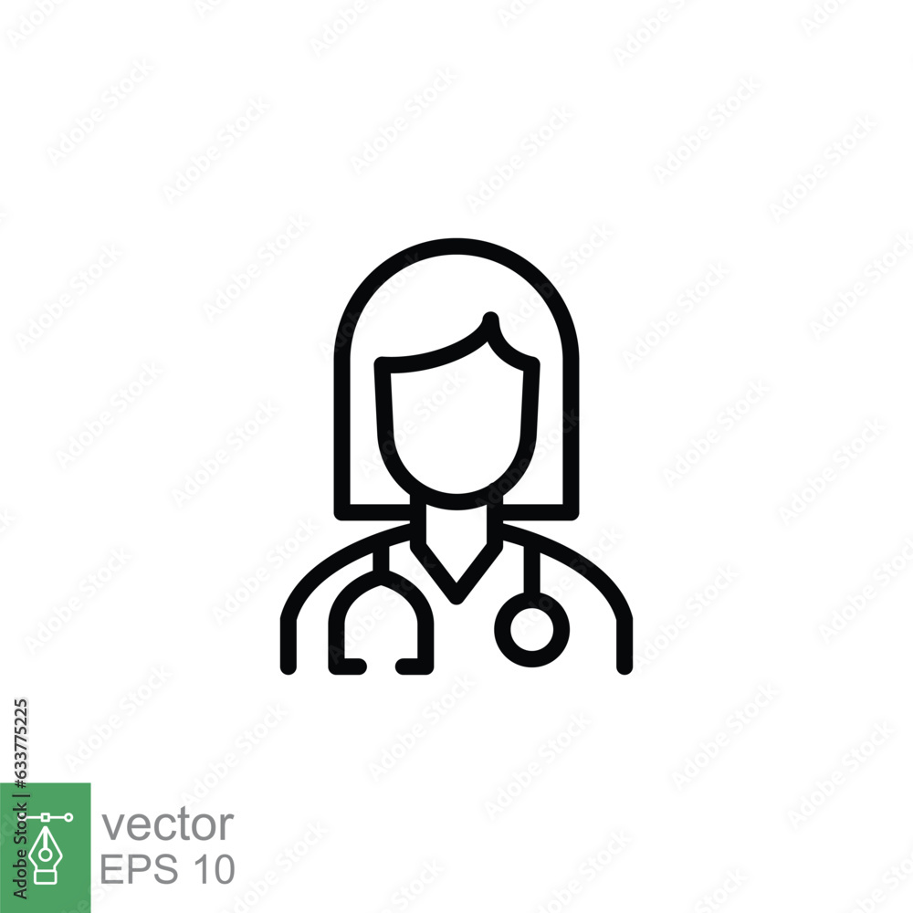 Female doctor icon. Simple outline style. Doctor with stethoscope, woman, medic, healthcare, medical concept. Thin line symbol. Vector illustration isolated on white background. EPS 10. Female doctor icon. Simple outline style. Doctor with stethoscope, woman, medic, healthcare, medical concept. Thin line symbol. Vector illustration isolated on white background. EPS 10.