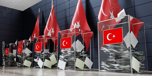 Fényképezés Turkey - several ballot boxes and flags - voting, election concept - 3D illustra