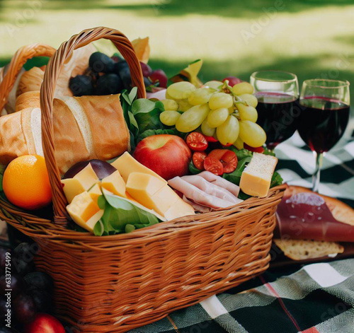 picnic basket with wine and fruits
