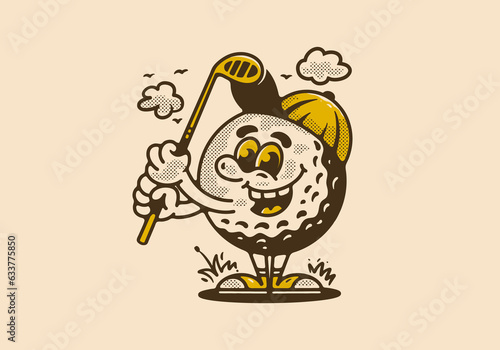 Mascot character illustration of golf ball holding a golf stick