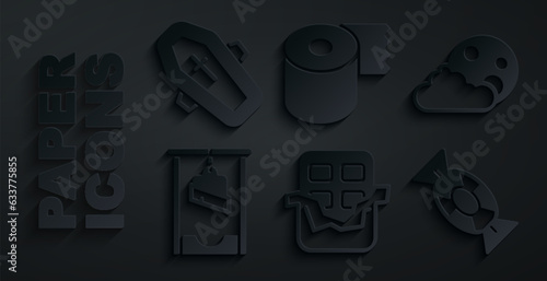 Set Chocolate bar, Moon and stars, Guillotine, Candy, Toilet paper roll and Coffin with cross icon. Vector