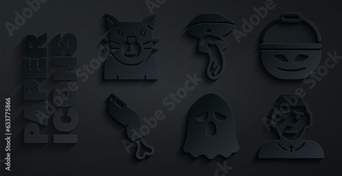 Set Ghost, Pumpkin basket for sweets, Zombie finger, Priest, Psilocybin mushroom and Cat icon. Vector