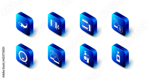 Set Wooden barrel, Beer brewing process, bottle, and glass, and Dried fish icon. Vector