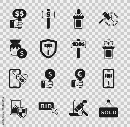 Set Auction sold, Online auction, jewelry sale, auctioneer sells, hammer, ancient vase, Hand holding paddle and icon. Vector