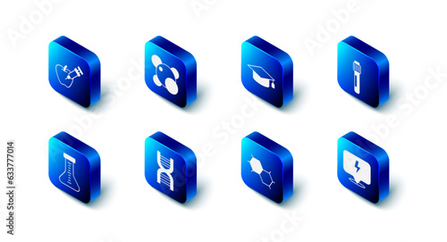 Set Molecule, Graduation cap, Test tube, Lightning bolt, Chemical formula, DNA symbol, and Genetically modified apple icon. Vector