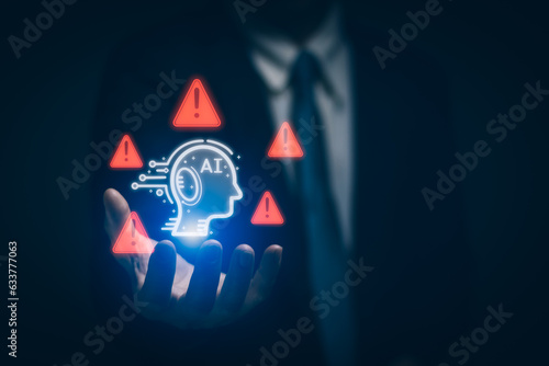 Quadro su tela Businessman hand showing warning about use of intelligent technology (Ai), access to malicious software or cybersecurity on computers