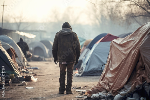 As he walks through the heart of the forlorn tent city, a homeless man, viewed from behind, carries the weight of despair in the heavy, somber air. (AR 3:2)