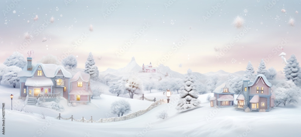 Peaceful snow-covered village with pastel Christmas houses. Winter magic at its finest. Concept of holiday delight.