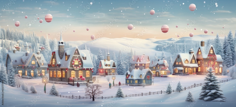 Pastel Christmas village amidst snowy landscape. Festive and whimsical. Concept of winter celebration.