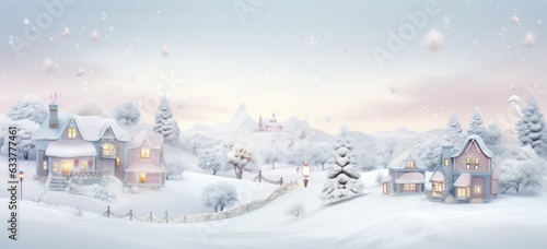 Peaceful snow-covered village with pastel Christmas houses. Winter magic at its finest. Concept of holiday delight. © Postproduction
