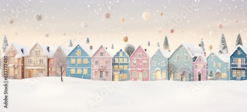 Charming snow-covered village with adorable pastel Christmas houses. Delight in the magical atmosphere of the holiday season. Concept of cozy winter charm.
