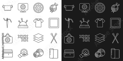 Set line Textile fabric roll, Knitting needles, Sewing Pattern, button, Needle bed and, for sewing with thread, and T-shirt icon. Vector